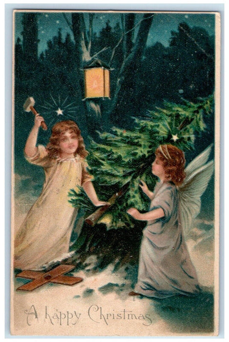 1907 Happy Christmas Angel Cut Pine Tree Hatchet Lantern Philadelpia PA Postcard