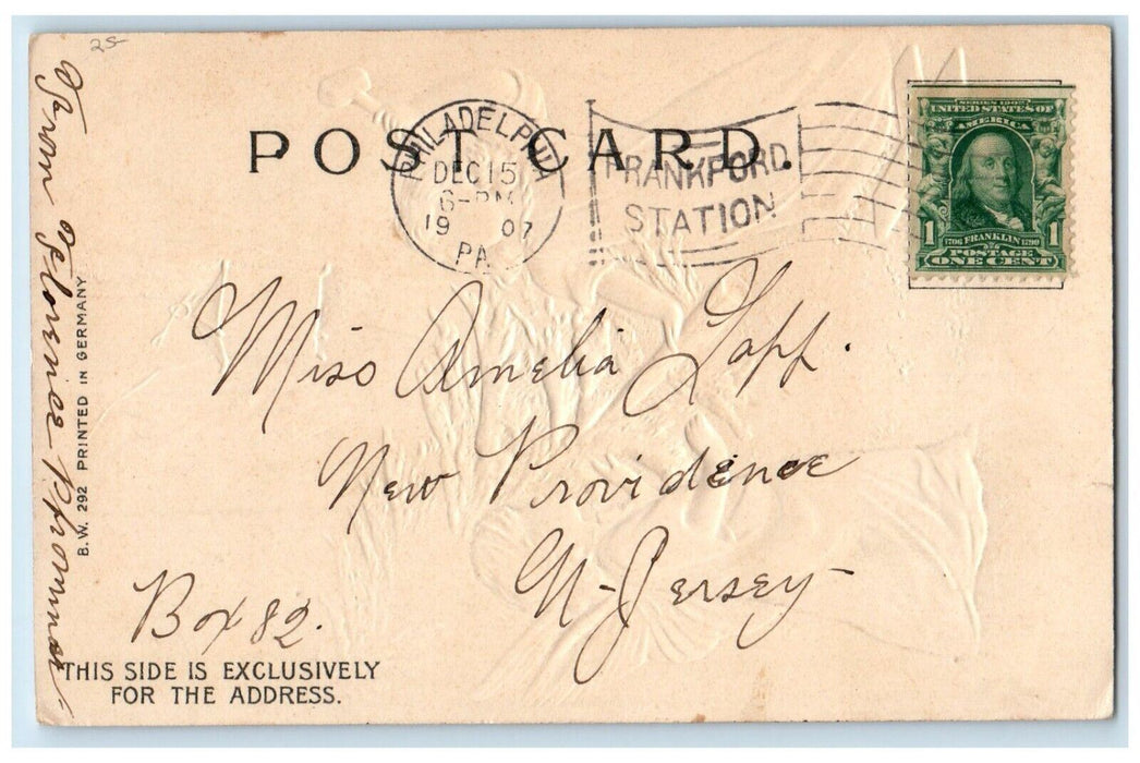 1907 Happy Christmas Angel Cut Pine Tree Hatchet Lantern Philadelpia PA Postcard