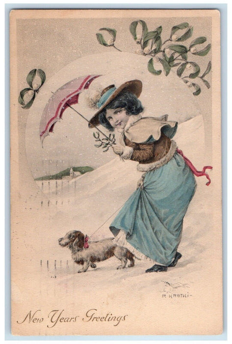 1911 New Year Greetings Woman With Dog Mistletoe Umbrella Snowfall Postcard