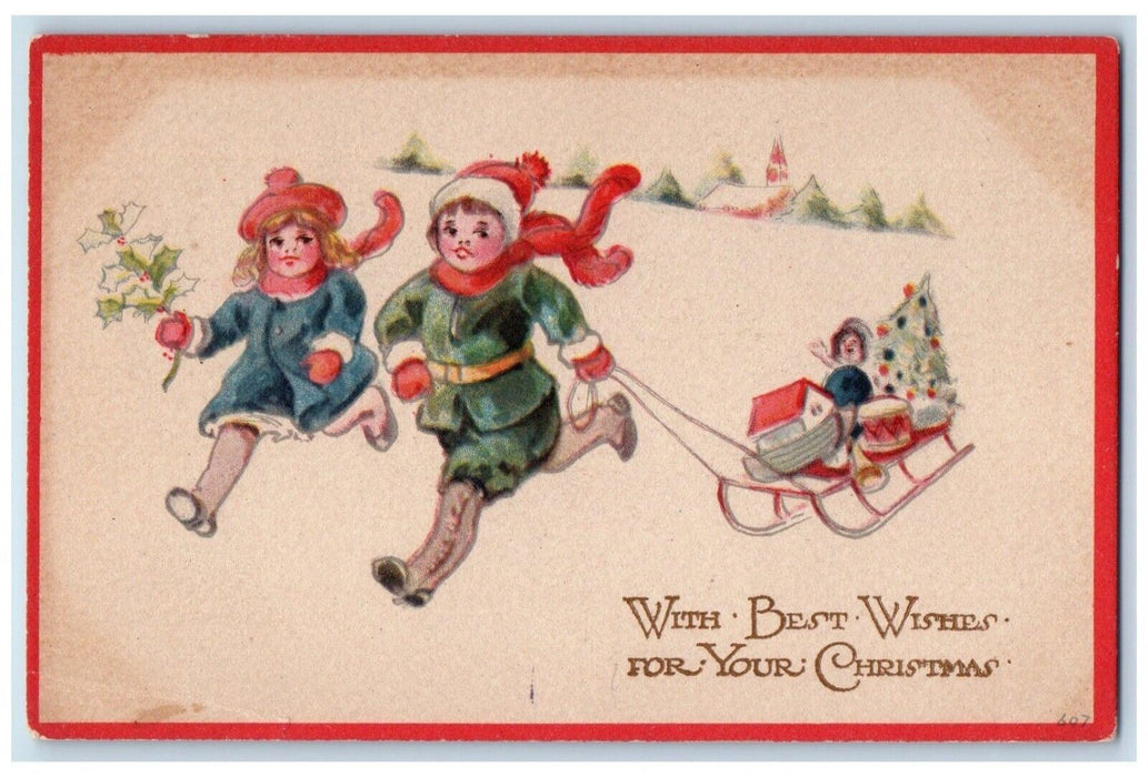 c1910's Christmas Children Sledding With Toys Holly Berries Gibson Postcard
