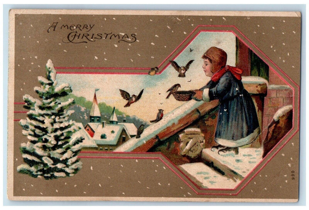 1907 Christmas Woman Feeding Birds Pine Tree Snowfall Jersey City NJ Postcard