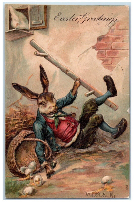 1907 Easter Greetings Anthropomorphic Rabbit Slipped Egg Hatched Posted Postcard