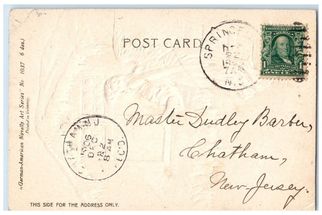 1906 Christmas Angel Climbing Ladder House Crescent Stars Embossed Postcard