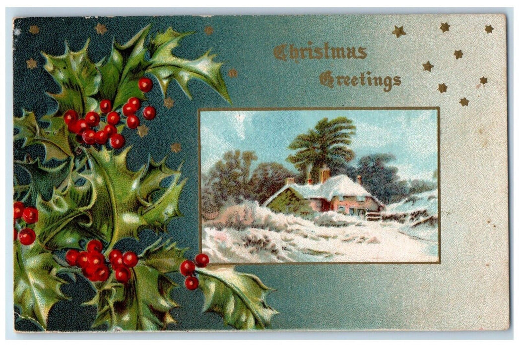 c1910's Christmas Greetings Holly Berries House Winter Square Cancel Postcard