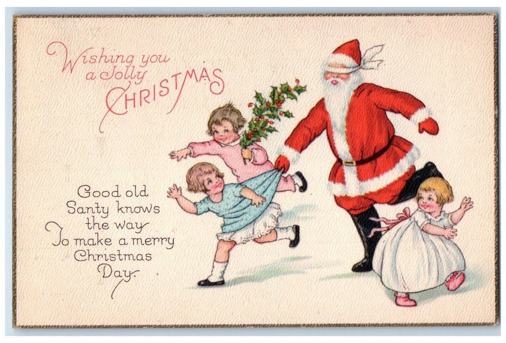 c1910's Christmas Santa Blindfolded Playing With Children Holly Berries Postcard