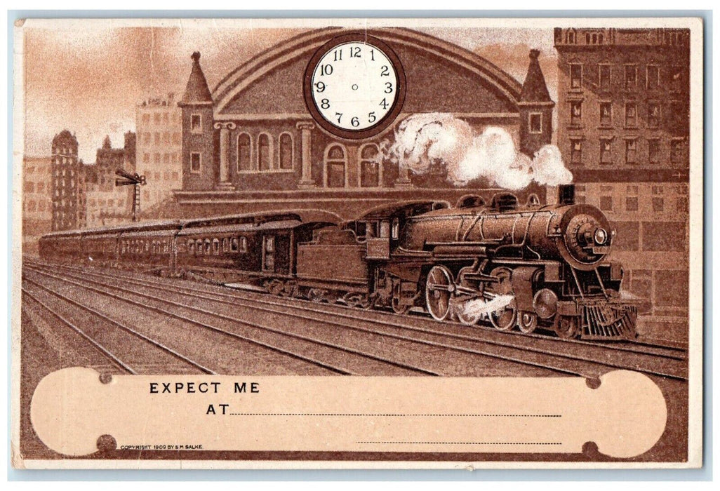 c1910's Locomotive Train Railroad Buildings Clock Salke Antique Postcard
