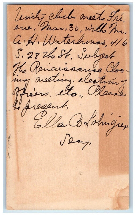 c1880's Unity Club Meeting Omaha Nebraska NE Paxton Block City Postal Card