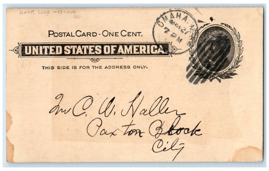 c1880's Unity Club Meeting Omaha Nebraska NE Paxton Block City Postal Card