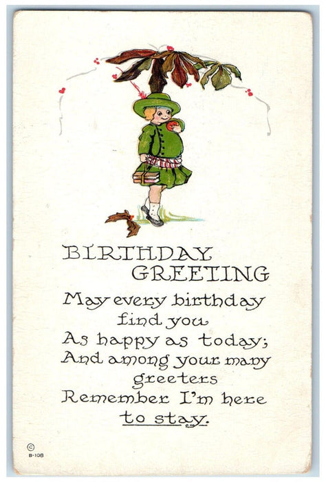 c1910's Birthday Greetings Girl Eating Apple Tree Embossed Antique Postcard