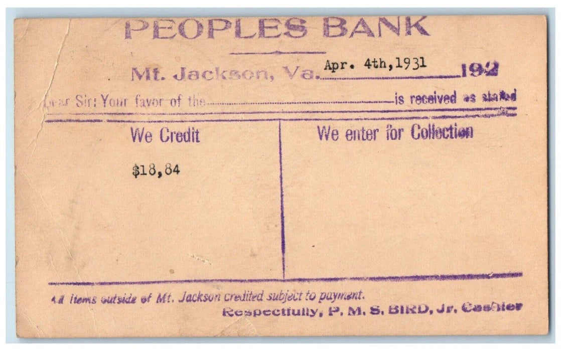 1931 Peoples Bank We Credit $18.84 Mt. Jackson Virginia VA Antique Postal Card