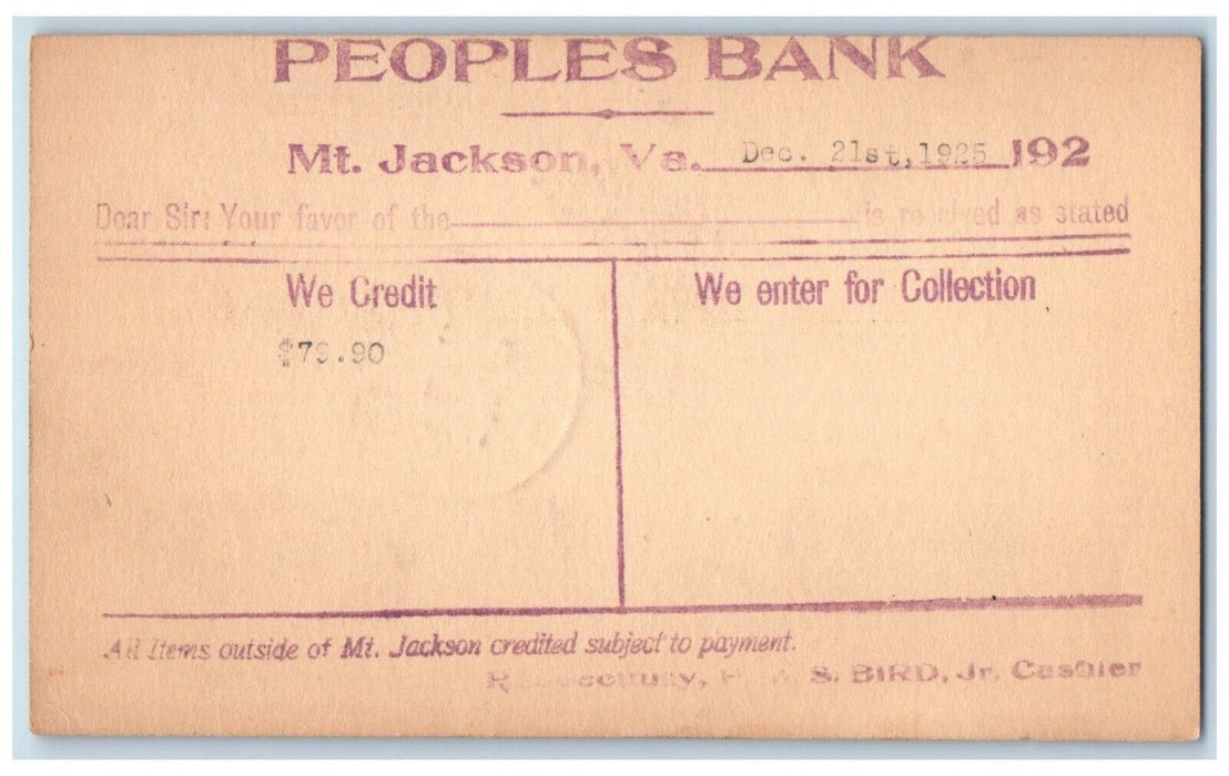 1925 Peoples Bank Mt. Jackson Virginia VA Quicksburg VA Posted Postal Card