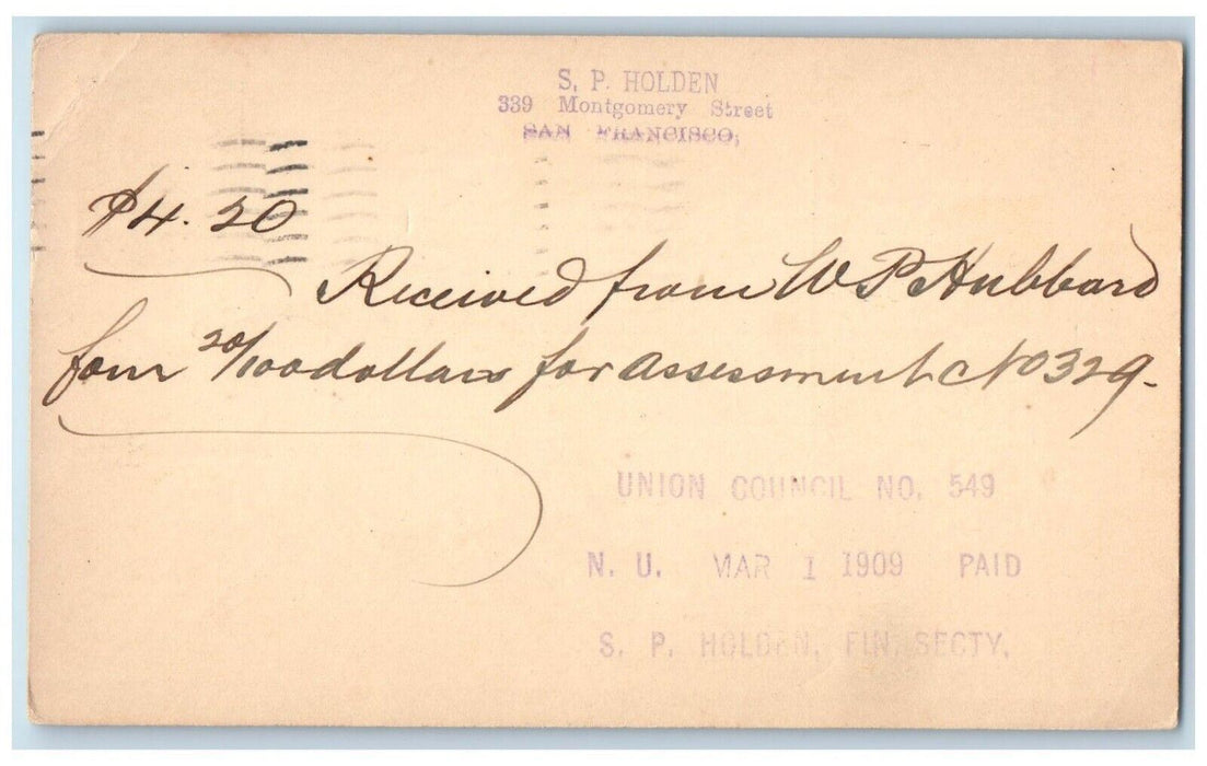 1909 Receipt S.P. Holden San Francisco California CA Somerville NJ Postal Card