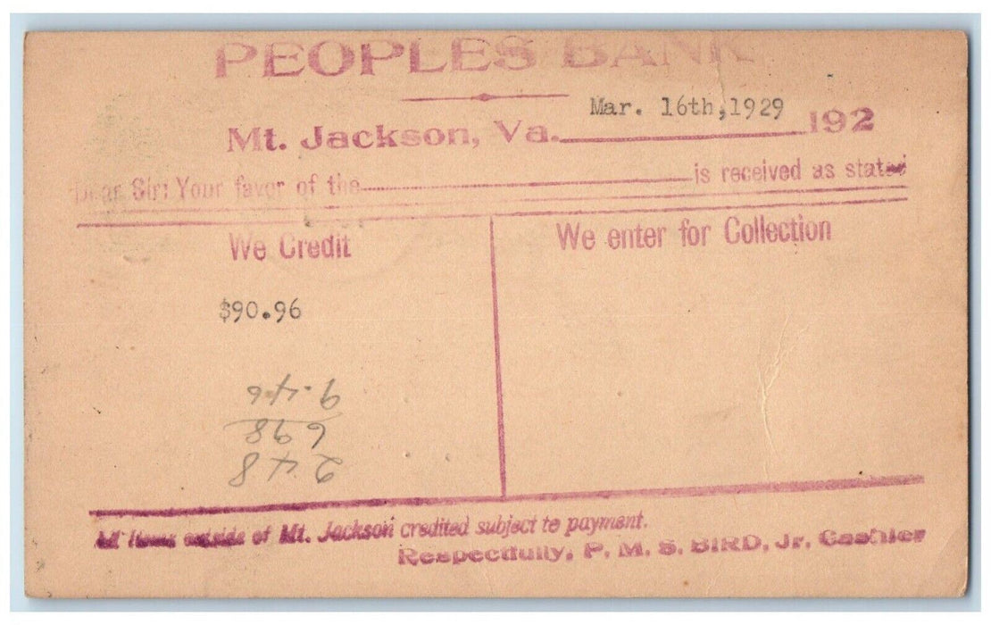 1929 Peoples Bank We Credit $90.96 Mt. Jackson Virginia VA Antique Postal Card