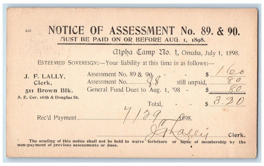 1898 Notice of Assessment No 89 & 90 Alpha Camp No. 1 Omaha NE Postal Card