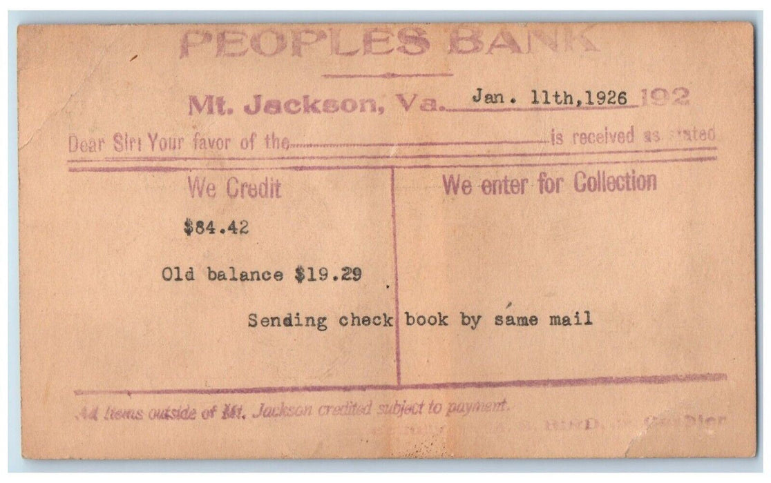 1926 Peoples Bank We Credit $84.42 Mt. Jackson Virginia VA Antique Postal Card