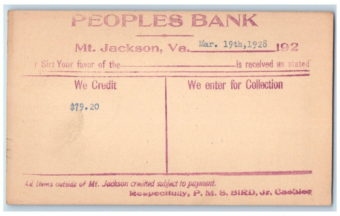 1928 Peoples Bank We Credit $79.20 Mt. Jackson Virginia VA Antique Postal Card