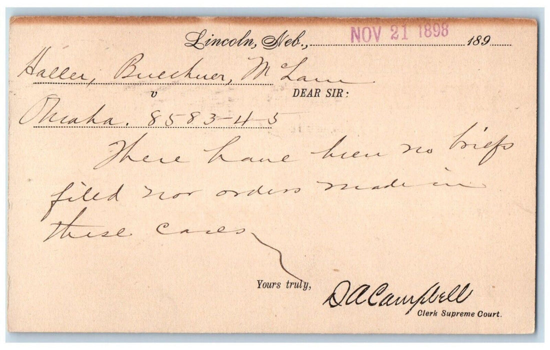 1898  Lincoln NE DA Campbell Clerk Supreme Court Omaha NE Postal Card