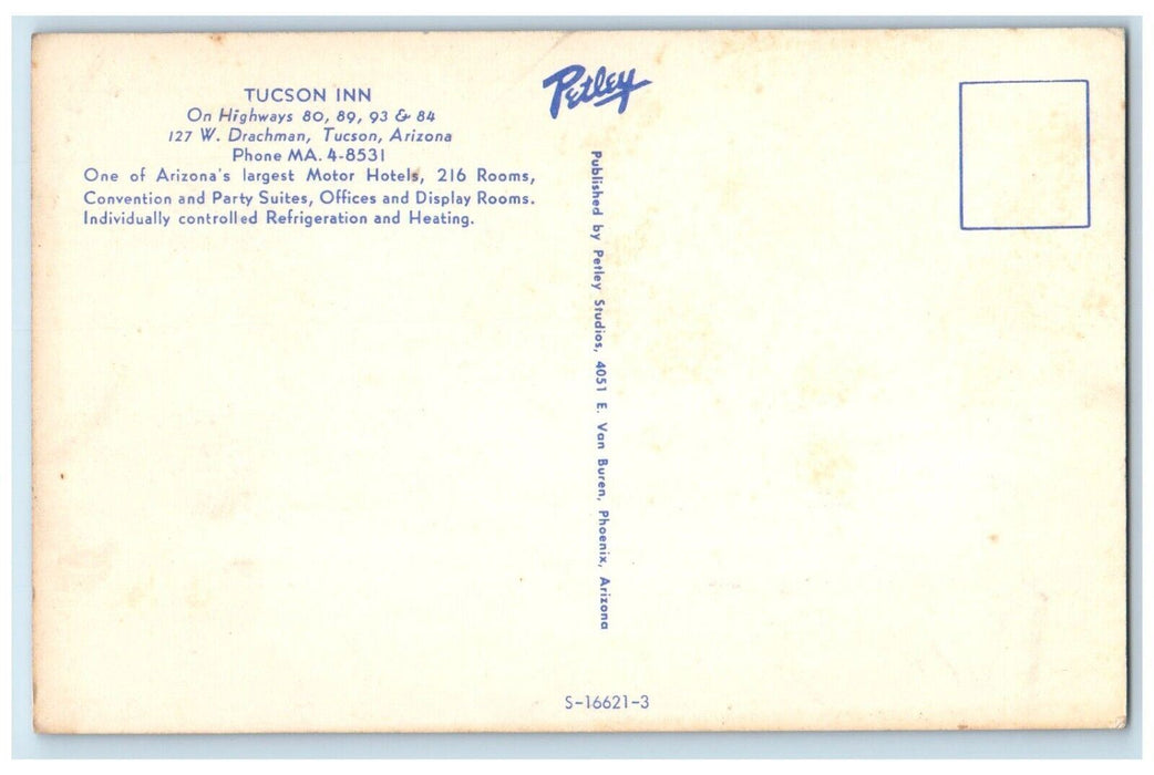 c1960 Tucson Inn W. Drachman Night Exterior Hotel Tucson Arizona Petley Postcard