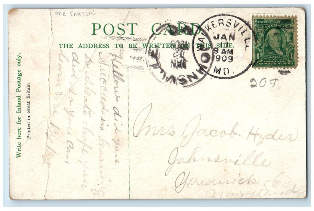 1909 Man Pushing Aunt Ice Skating Handwarmer Walkersville Maryland MD Postcard