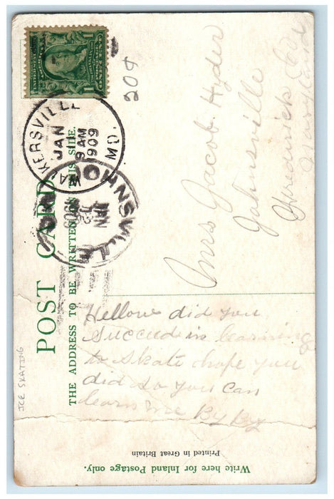 1909 Man Pushing Aunt Ice Skating Handwarmer Walkersville Maryland MD Postcard