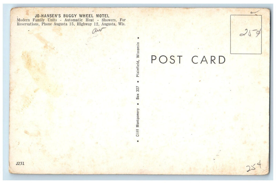 c1950's Jo Hansen's Buggy Wheel Motel Restaurant Classic Cars August WI Postcard