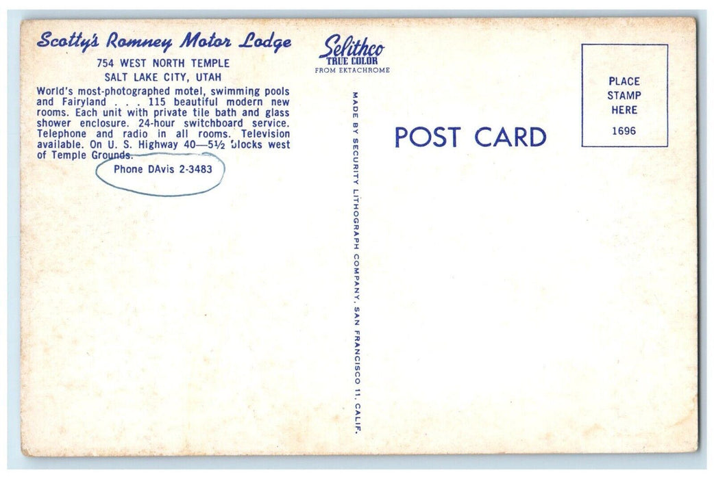 1960 Scotty's Romney Motor Lodge West North Temple Salta Lake City Utah Postcard