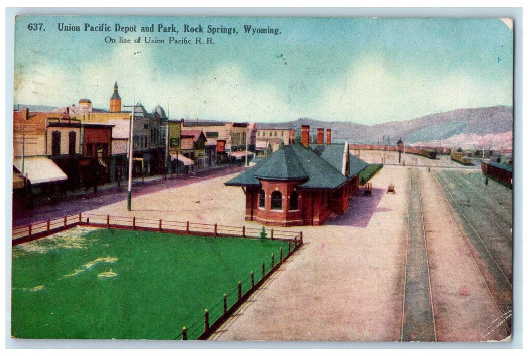 1909 Union Pacific Depot and Park Rock Springs Wyoming WY Antique Postcard