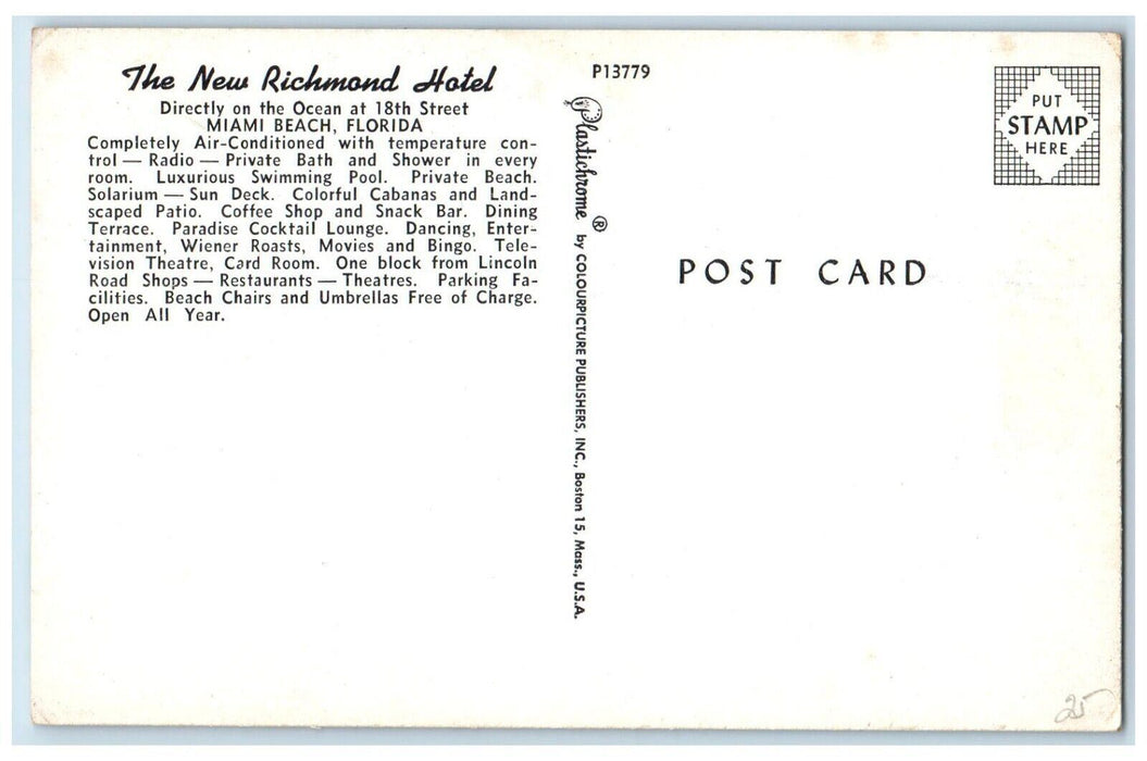 c1960 New Richmond Hotel Swimming Pool Exterior Miami Beach Florida FL Postcard