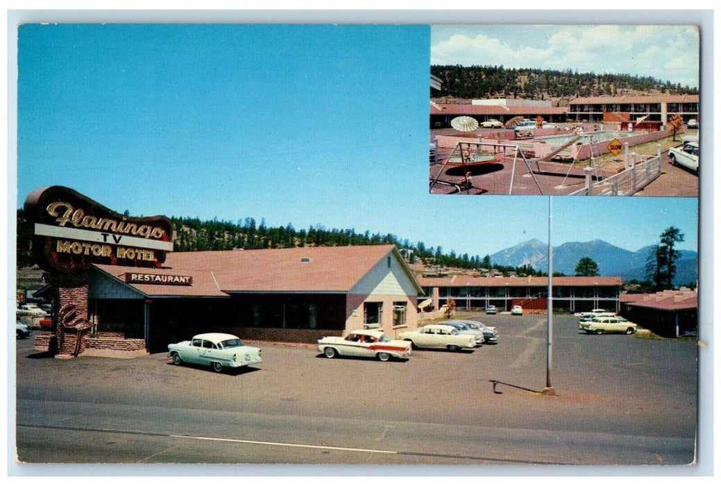 c1960 Flamingo Hotel Mikes Pike Exterior Road Flagstaff Arizona Petley Postcard