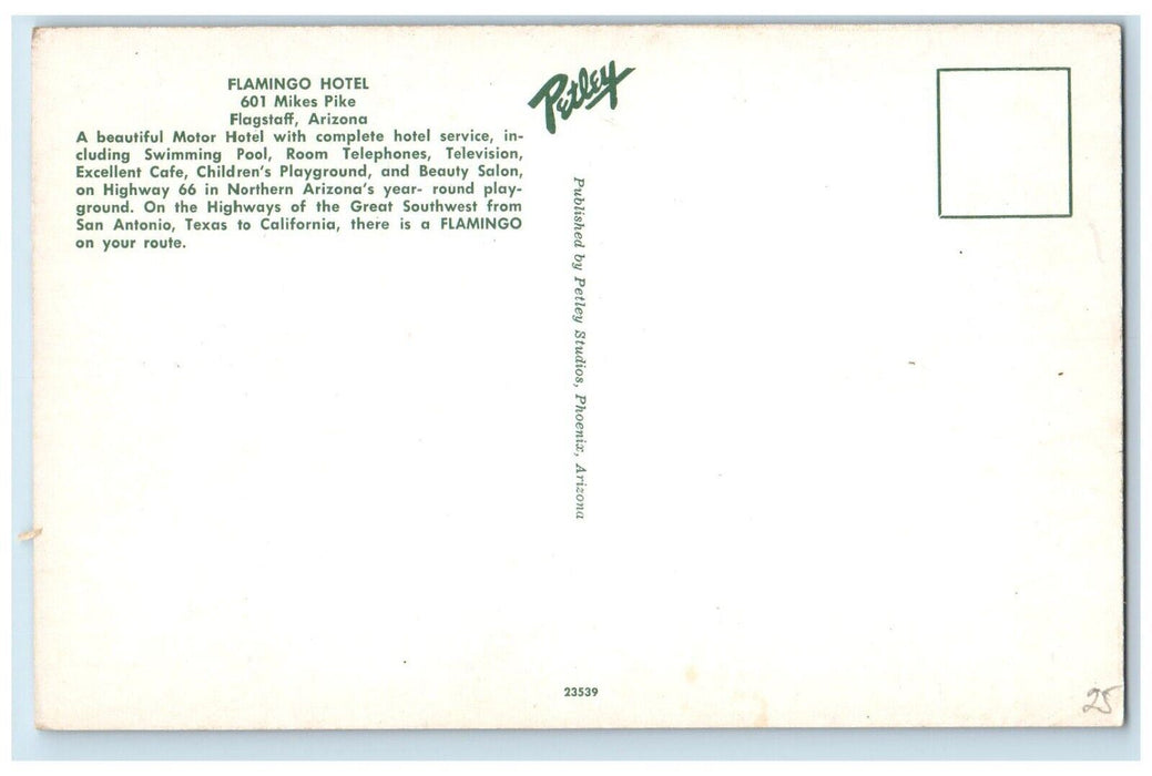 c1960 Flamingo Hotel Mikes Pike Exterior Road Flagstaff Arizona Petley Postcard