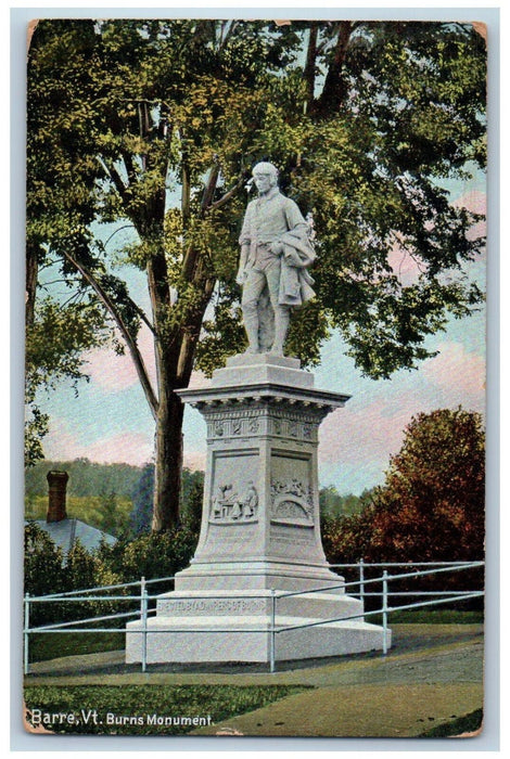 1909 Burns Monument Barre Vermont VT Marshfield VT Antique Posted Postcard