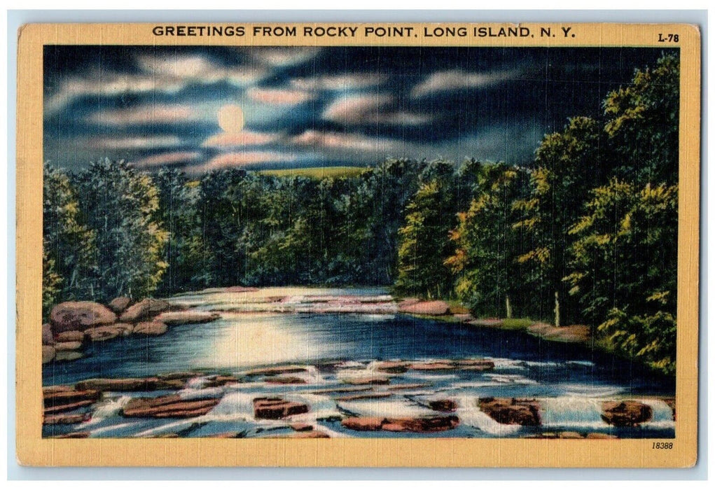 1949 Greetings Rocky Point Night Moonlight Moon Long Island New York NY Postcard