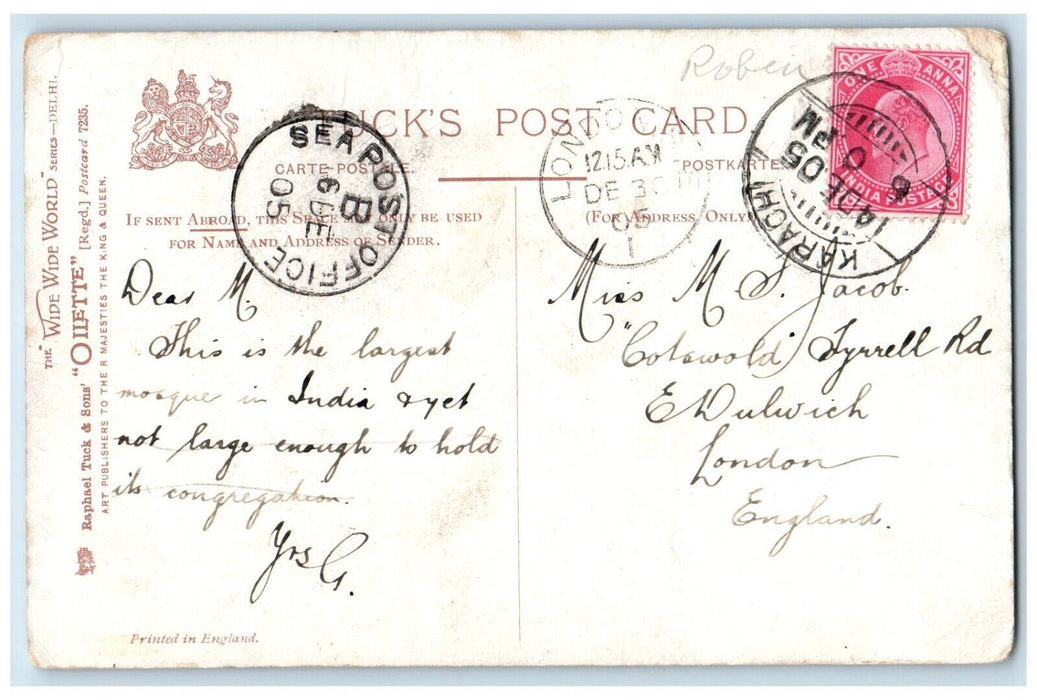 1905 The Jumma Musjid Delhi India Oilette Tuck Art Posted Antique Postcard