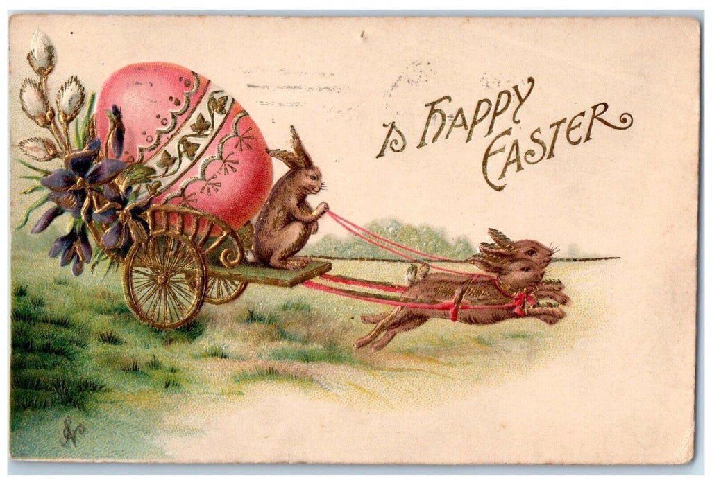 1909 Happy Easter Anthropomorphic Rabbit Pulling Cart Egg Pansies Postcard