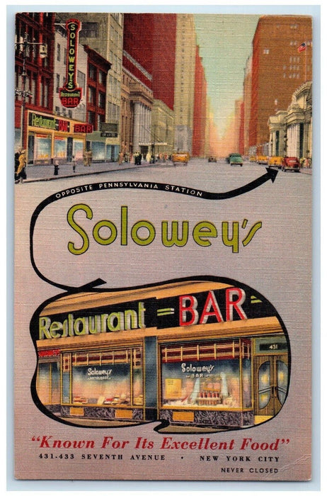 c1940 Soloweys Ye Olde English Tavern Bar Restaurant New York City NY Postcard