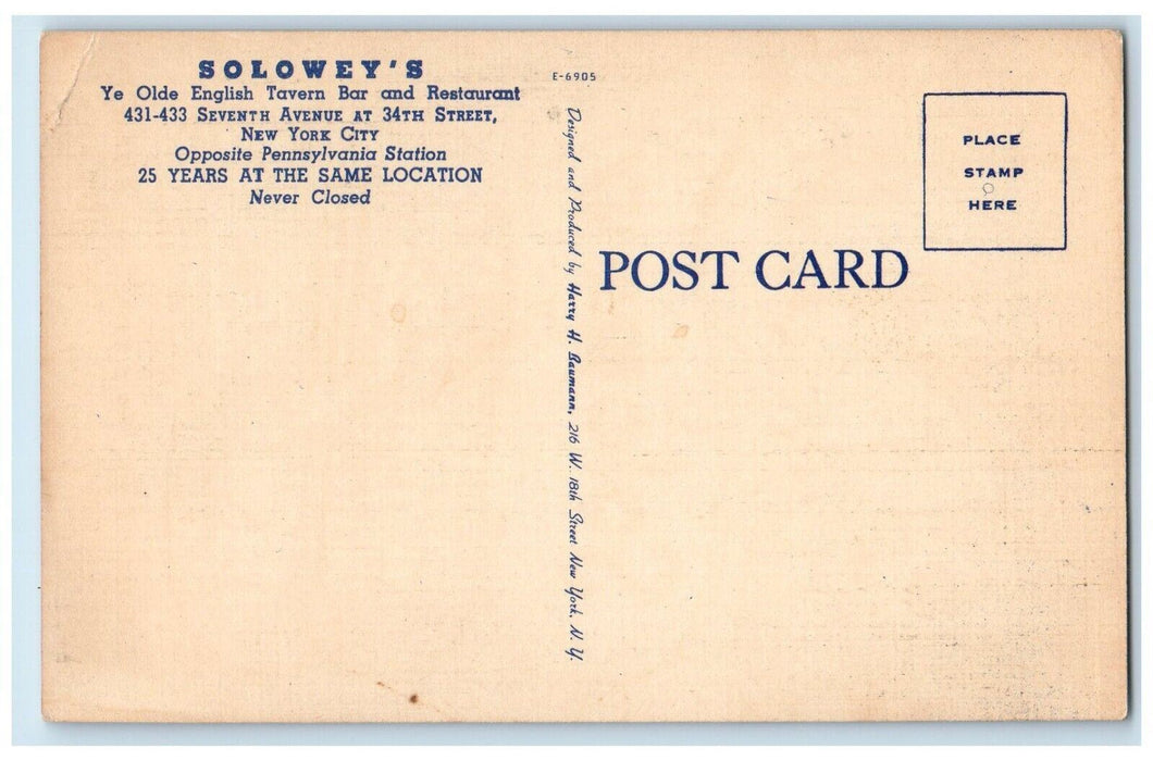 c1940 Soloweys Ye Olde English Tavern Bar Restaurant New York City NY Postcard