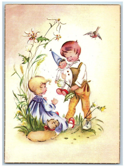 Easter Childrens Jester Clown Doll Bird Puppy Dog Bird Unposted Vintage Postcard