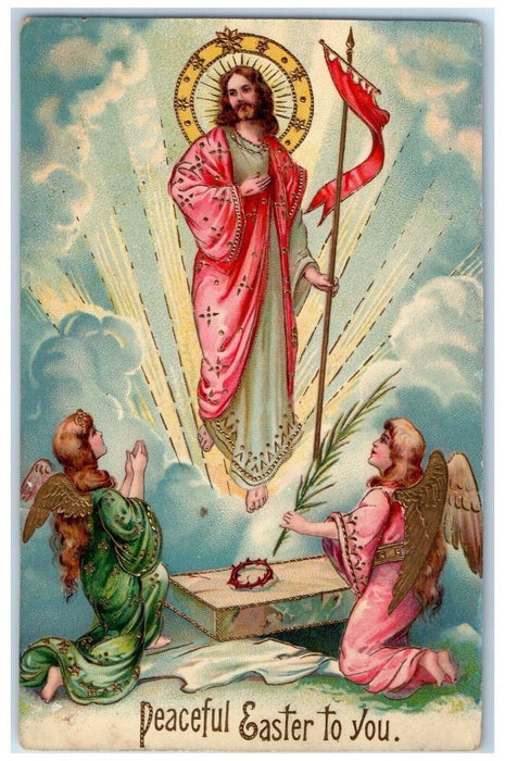 1911 Easter Palm Leaves Jesus Angels Gel Gold Gilt St. Louis MO Antique Postcard