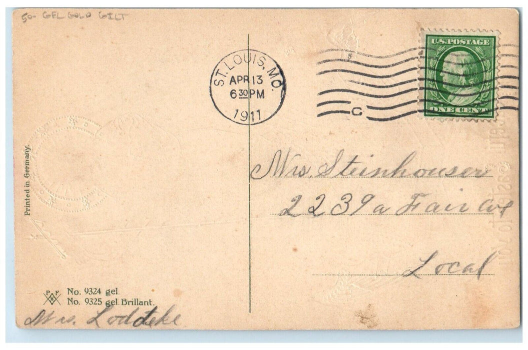 1911 Easter Palm Leaves Jesus Angels Gel Gold Gilt St. Louis MO Antique Postcard