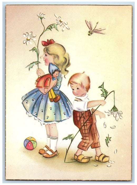 Easter Girls Doll Ball White Flowers Butterfly Unposted Vintage Postcard