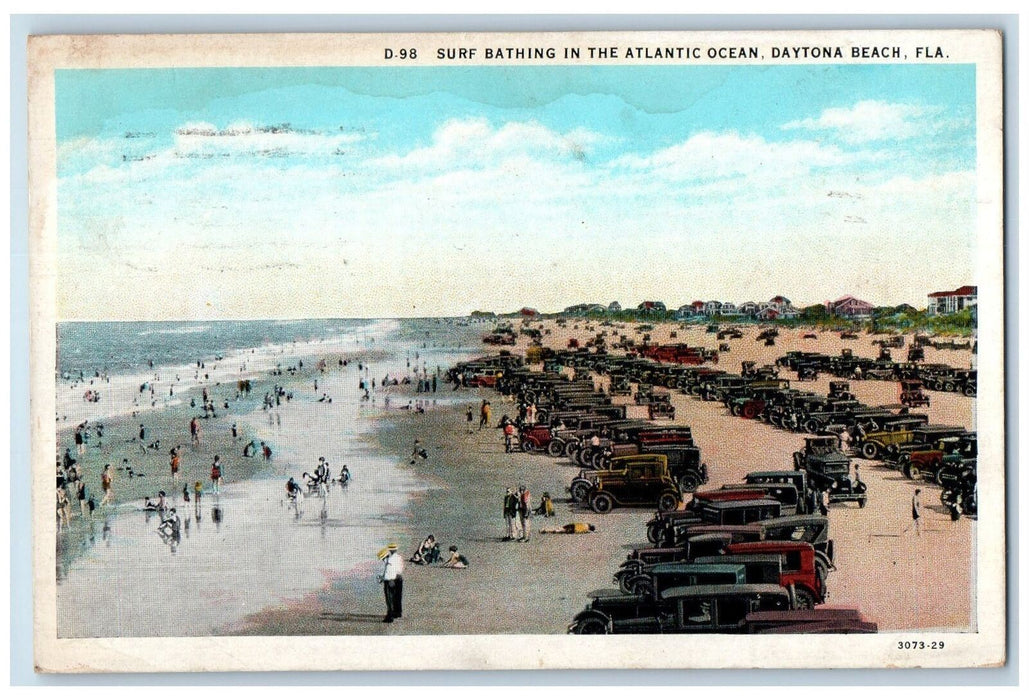 1931 Surf Bathing In The Atlantic Ocean Daytona Beach Florida FL Postcard