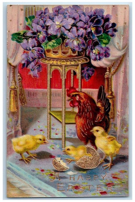 c1910's Easter Hatched Egg Rooster Chicks Pansies Flowers Gel Gold Gilt Postcard
