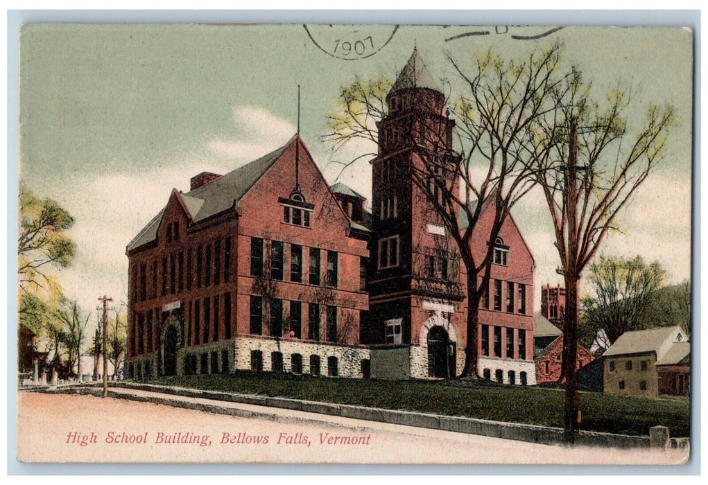 1907 High School Building Bellows Falls Vermont VT Antique Posted Postcard