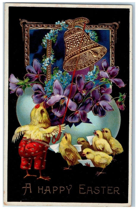 c1910's Easter Anthropomorphic Chick Bell Hatched Egg Pansies Flowers Postcard