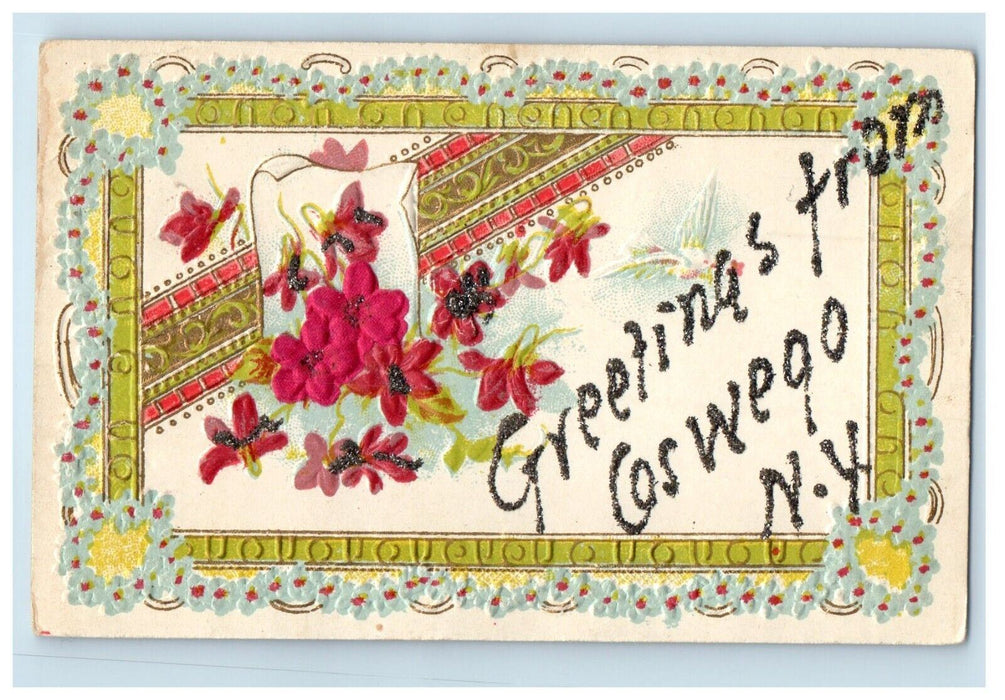 c1910's Greetings From Oswego New York NY, Flowers Embossed Antique Postcard