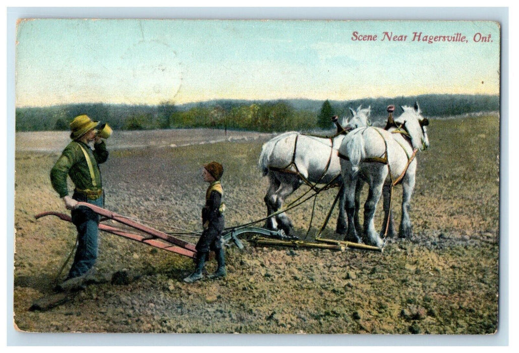 Scene Near Hagersville Ontario Canada, Father Son Plow Farm Equipment Postcard