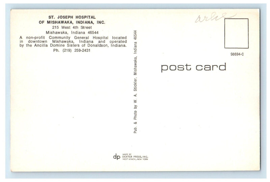 c1960's St. Joseph Hospital Building Of Mishawaka Indiana IN Vintage Postcard