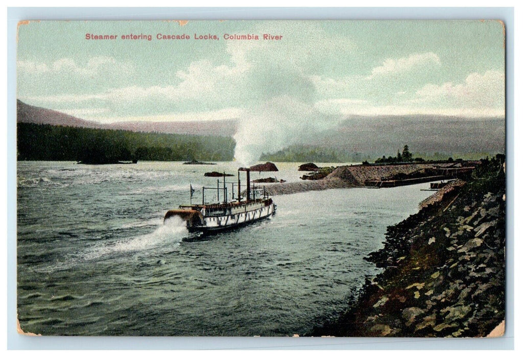 c1910's Steamer Entering Cascade Locks Columbia River Oregon OR Antique Postcard