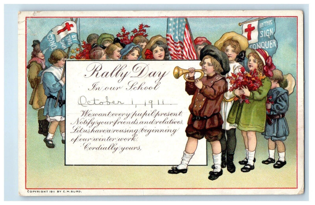 1911 Rally Day School Childrens Flags Trumpet Shannon IL Antique Postcard