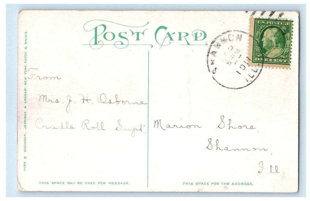 1911 Rally Day School Childrens Flags Trumpet Shannon IL Antique Postcard